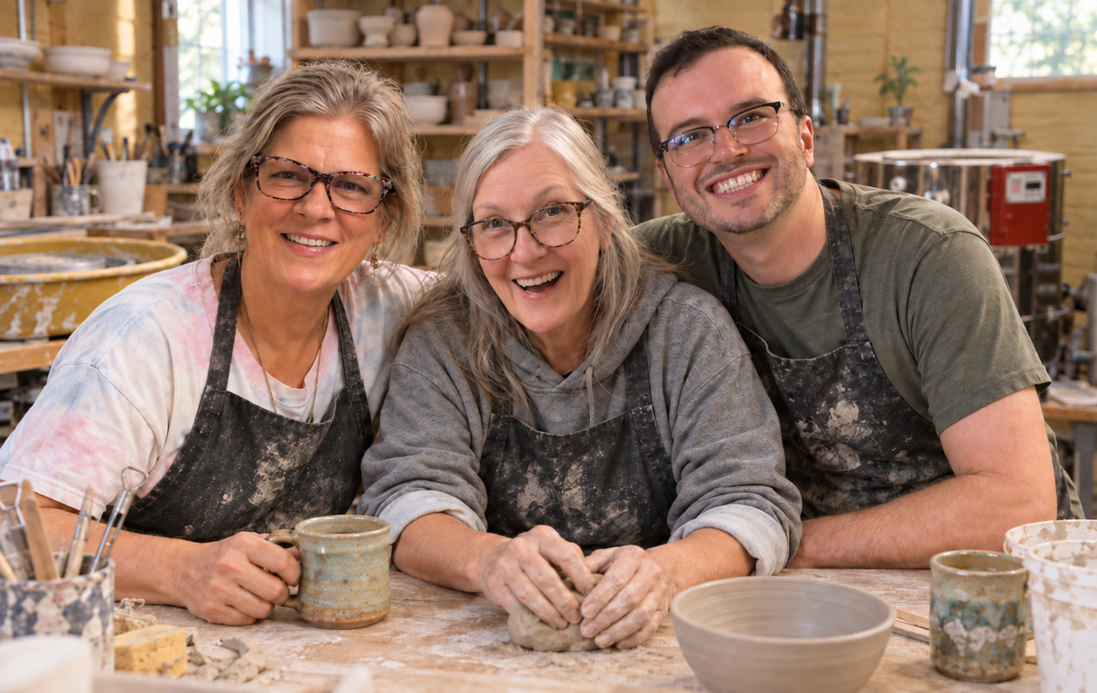 Three Mud to Market potters at a work table in the studio
