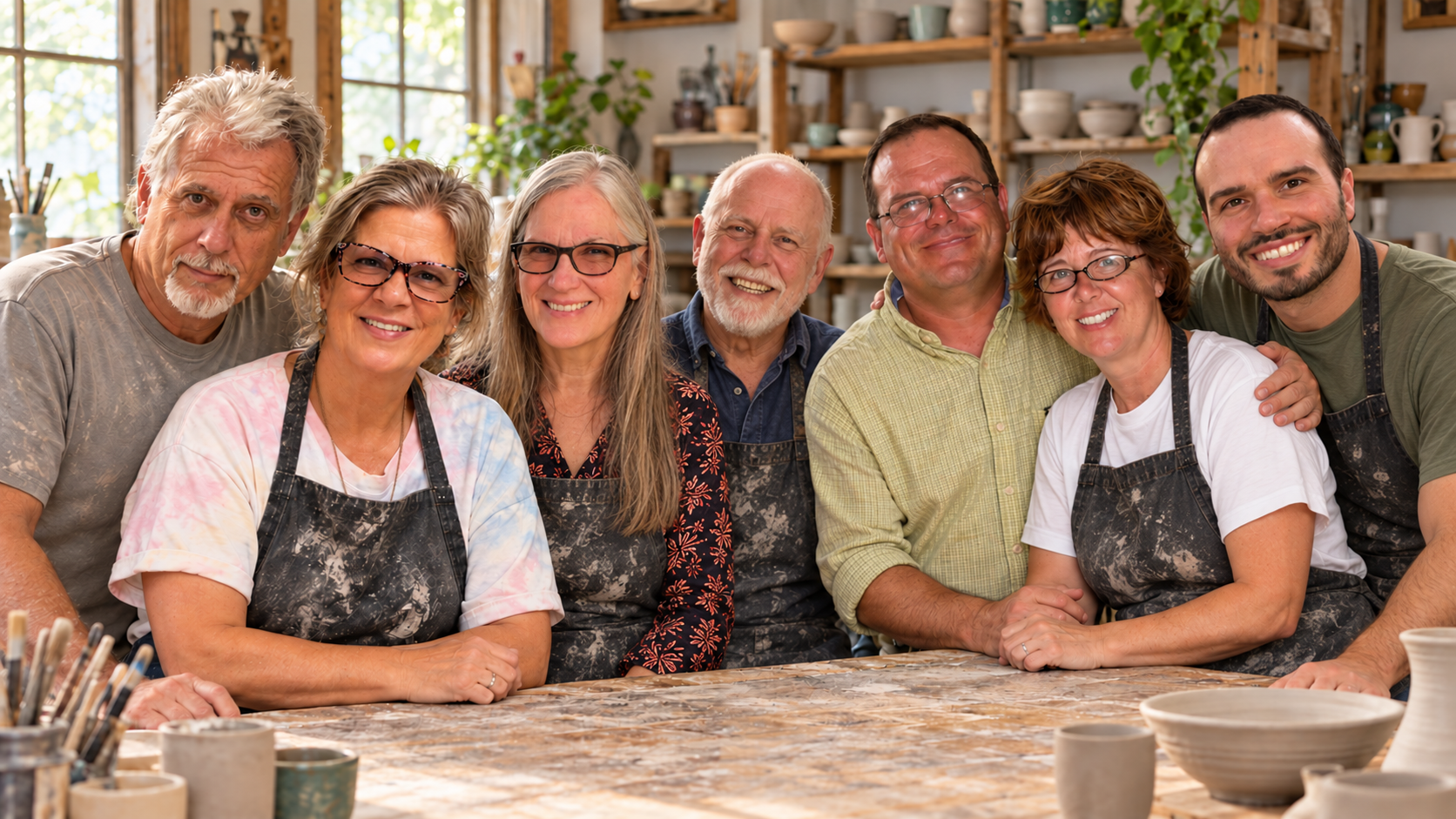 Seven people gathered around a pottery table in the studio, with handmade pieces in the foreground